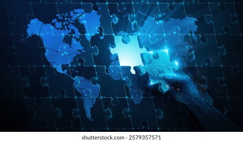 Lowpoly Hand Resolve Europe Crisis World Map Puzzle. Abstract geometric illustration on geopolitical synergy partnership, global crisis management politics concept by wireframe mesh on blue background