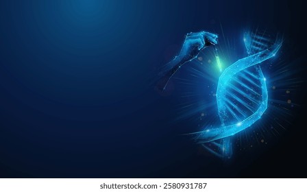 Lowpoly Hand Sample Human DNA Helix.Abstract geometric illustration on DNA test for ancestry, genetic testing, genealogy research, gene engineering medical concept by wireframe mesh on blue background