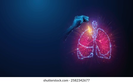 Lowpoly Hand Take Tests to Diagnose Lungs Health. Abstract geometric illustration on bacterial, virulent lung disease diagnostic healthcare medical concept made of neon particles on blue background