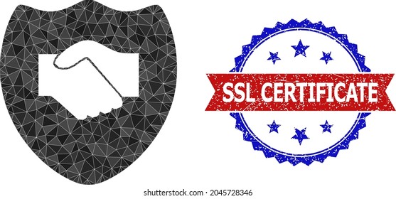 Low-Poly-Handshake-Schild, polygonal, 2d-Illustration, und Grunge-Bicolor Rosette-Stempel in Rot und Blau. Mosaikaner Handshake aus chaotischen, gefüllten Dreiecken.