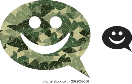  Low-poly happy message icon is designed with scattered camouflage color triangle parts. Vector happy message icon in camo army style.