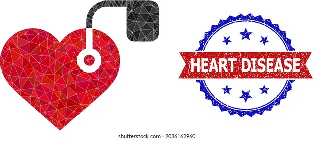 Lowpoly heart pacemaker polygonal icon illustration, and grunge bicolor rosette seal stamp, in red and blue colors. Collage heart pacemaker created of scattered colored triangles.