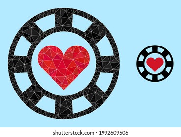 lowpoly hearts casino chip icon on a sky blue background. Polygonal hearts casino chip vector designed from randomized triangles. Triangulated hearts casino chip polygonal 2d illustration.