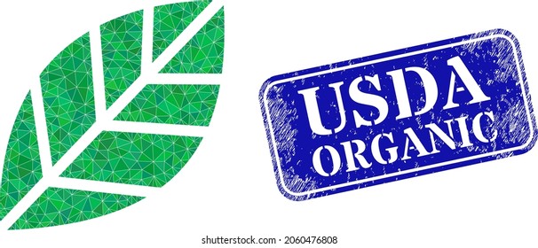 Low-poly herbal leaf designed with random filled triangles, and grunge Usda Organic seal. Blue rounded framed rectangle seal contains Usda Organic tag inside framed rectangle form.