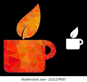 Low-poly herbal tea icon with orange vibrant gradient. Triangulated orange colored herbal tea polygonal icon illustration. Polygonal herbal tea vector is combined with random colored triangles.