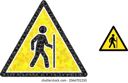 lowpoly hiking man danger icon on a white background. Flat geometric lowpoly illustration based on hiking man danger icon. Polygonal hiking man danger vector constructed of chaotic triangles.