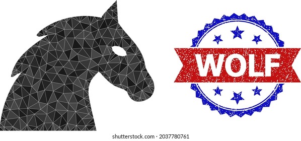 Low-poly horse head polygonal symbol illustration, and grunge bicolor rosette seal stamp, in red and blue colors. Mosaic horse head created from randomized filled triangles.