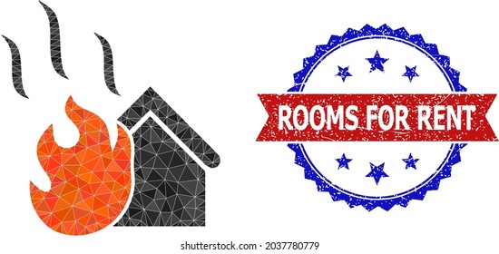 Ilustración de símbolo poligonal con fuego en casa baja y sello de sellado rosette bicolor grunge, en colores rojo y azul. El fuego de la casa mosaica se formó con triángulos de colores dispersos.