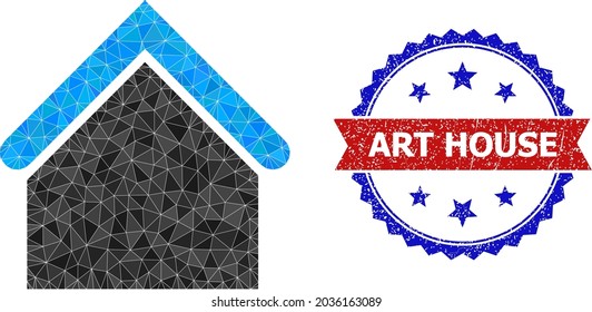 Lowpoly house polygonal 2d illustration, and grunge bicolor rosette seal, in red and blue colors. Mosaic house composed from chaotic colored triangles. Rosette stamp seal uses red and blue colors.