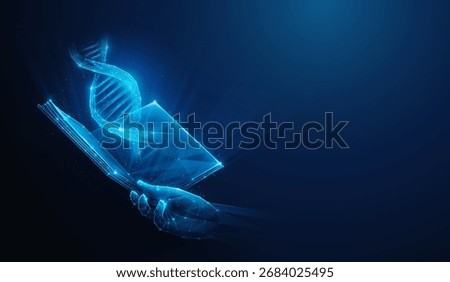 Lowpoly Human DNA over Open Book in Hand. Abstract vector illustration depicting reading of genetic information for ancestry, genealogy research and gene engineering on blue background with copy space