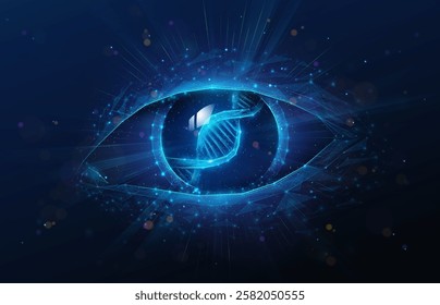 Lowpoly Human Eye with DNA Helix in Pupil. Abstract geometric illustration on biometrics authentication technology, genetic diagnostic, genealogy research concept by wireframe mesh on blue background