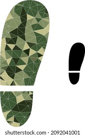 Low-poly human foot print icon is combined of scattered camouflage colored triangle parts.