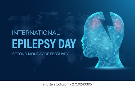 Icono de cabeza humana de bajo poli para el Día Internacional de la Epilepsia, cara de polígono abstracta con geometría neuronal enfocada, concepto de conciencia médica moderna y limpia, Vector plano mínimo, aislado y listo para usar.