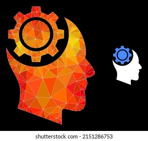 icono del equipo de intelecto humano bajo con gradiente vibrante anaranjado. Ilustración de ícono poligonal del engranaje humano vibrante del fuego triangulado.