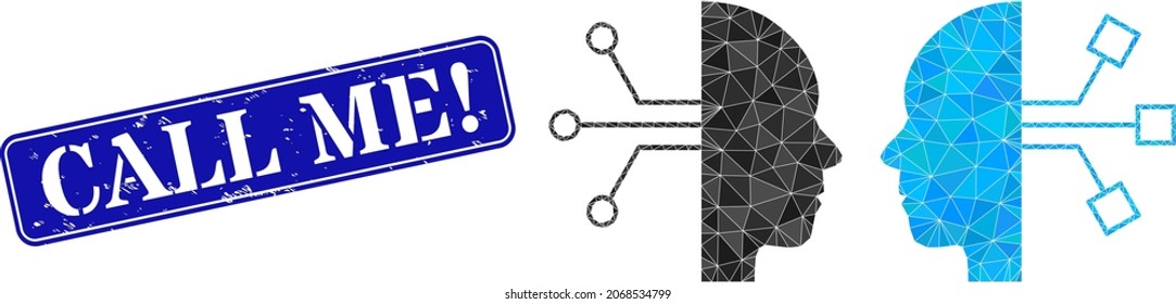 Low-poly human network interface constructed of scattered filled triangles, and grunge Call Me seal. Blue rounded framed rectangle seal contains Call Me text inside framed rectangle shape.