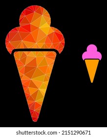 Low-Poly-Eis-Symbol mit flammendem Farbverlauf. Trianguliertes orangefarbenes Eis mehrfarbige Ikone. Polygonaler Eisvektor mit chaotischen, dynamischen Dreiecken.