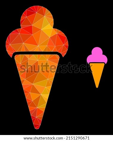 lowpoly icecream icon with flame vibrant gradient. Triangulated orange colored icecream polygonal icon illustration. Polygonal icecream vector designed with chaotic vibrant triangles.