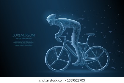 Low-poly illustration of a sportsman on a bicycle in motion, on a dark background.
