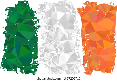 Low-poly Irland flag combined from random filled triangles. Triangle Irland flag polygonal icon illustration. Irland Flag icon is filled with triangles.