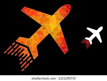 Lowpoly Jet Liner Icon With Fire Colored Gradient. Triangulated Orange Colorful Jet Liner Polygonal Symbol Illustration. Polygonal Jet Liner Vector Is Combined From Random Colorful Triangles.