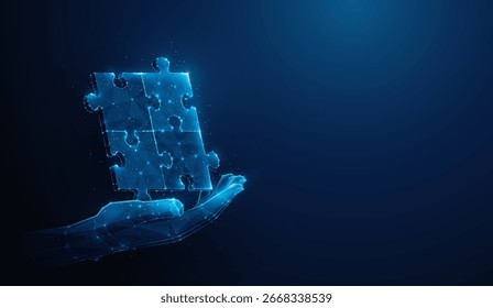 Rompecabezas de baja poli hecho de malla de alambre en la mano. Ilustración vectorial Abstractas que representa la solución empresarial, la resolución de problemas y el concepto de asociación sinérgica sobre fondo azul con espacio de copia.