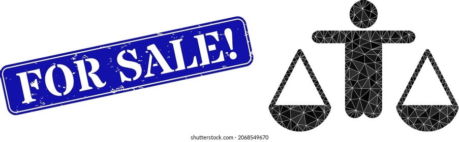 Low-poly judge designed from random filled triangles, and grunge For Sale stamp. Blue rounded framed rectangle seal contains For Sale title inside framed rectangle shape.