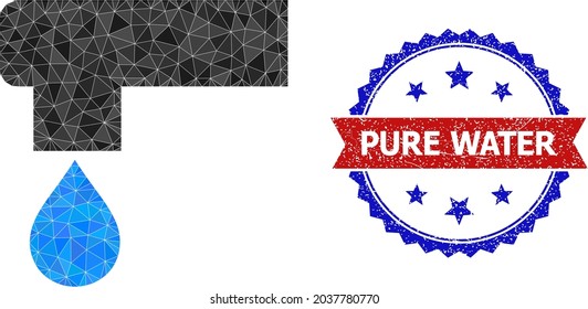 Lowpoly kitchen tap polygonal symbol illustration, and grunge bicolor rosette stamp, in red and blue colors. Collage kitchen tap is formed of chaotic colored triangles.