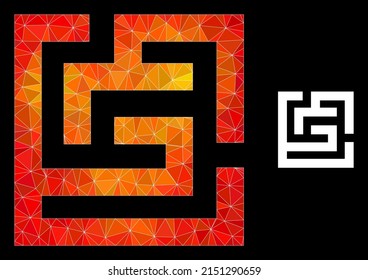 Low-poly labyrinth icon with fire colorful gradient. Triangulated fire colorful labyrinth polygonal icon illustration. Polygonal labyrinth vector combined with chaotic colored triangles.