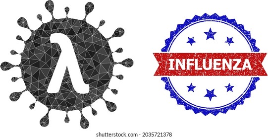 Lowpoly Lambda covid virus polygonal symbol illustration, and grunge bicolor rosette stamp, in red and blue colors. Mosaic Lambda covid virus is composed of chaotic filled triangles.