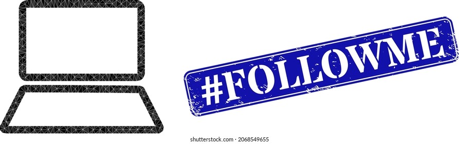 Low-poly laptop computer combined with random filled triangles, and grunge tag Followme watermark. Blue rounded framed rectangle seal includes tag Followme tag inside framed rectangle shape.
