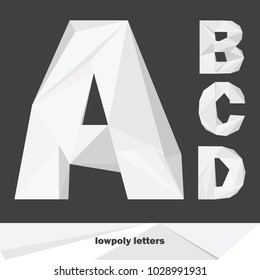 Lowpoly letters A B C D isolated on dark background. English alphabet in shades of grey. Vector illustration