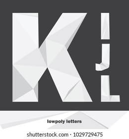 Lowpoly letters K L I J isolated on dark background. English alphabet in shades of grey. Vector illustration