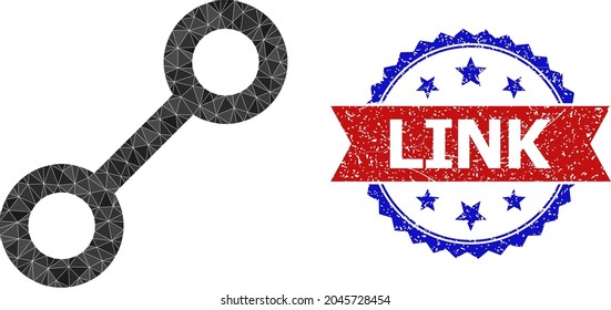 Polygonale Low-Poly-Link-Symbol-Illustration und farbige Schmutzspritzer-Rosette-Stempel in Rot und Blau. Collage Link gebildet mit verstreuten Farbdreiecken.