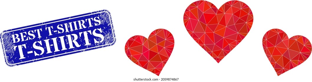 Low-poly love rating designed with scattered filled triangles, and grunge Best T-Shirts seal stamp. Blue rounded framed rectangle stamp seal has Best T-Shirts text inside framed rectangle form.