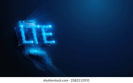 Lowpoly LTE Mobile Network Smartphone in Hand. Abstract geometric 3D abbreviation illustration on innovation wireless communication technology hardware concept by wireframe mesh on blue background