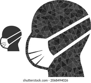 Covid-Maske mit Low-Poly-Männchen auf weißem Hintergrund. Flaches geometrisches 2D-Modellierungsbild basierend auf dem männlichen covid maske Symbol. Polygonal man covid Maske Vektor kombiniert mit zufälligen Dreiecken.