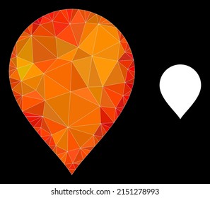 lowpoly map pointer icon with fire colorful gradient. Triangulated flame colorful map pointer polygonal icon illustration. Polygonal map pointer vector is combined from chaotic vibrant triangles.