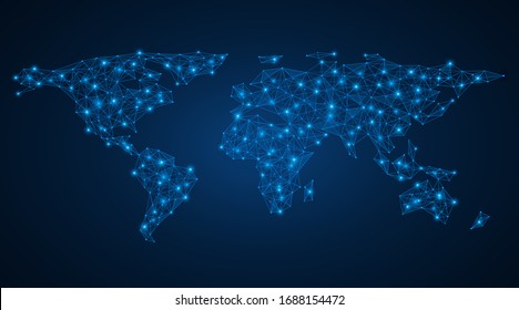 A low-poly map of the world. A grid of lines and points. Blue background.