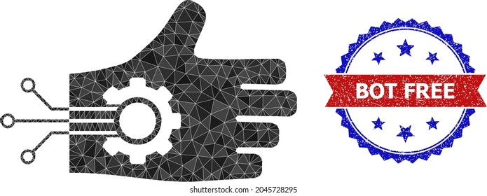 Ilustración de icono poligonal de brazo mecánico de baja intensidad y sello de sello de rosette bicolor de color negro, en colores rojo y azul. Collage de brazo mecánico compuesto de triángulos de color aleatorizados.