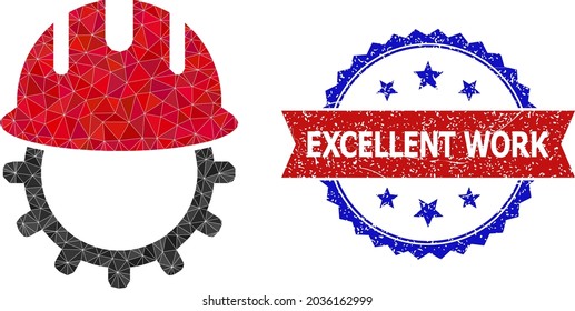 Low-Poly-Mechanik Engineering polygonal Symbol-Illustration, und Grunge bicolor Rosette-Siegel, in Rot-und Blau-Farben. Die Collage Mechanics Engineering besteht aus randomisierten, farbigen Dreiecken.