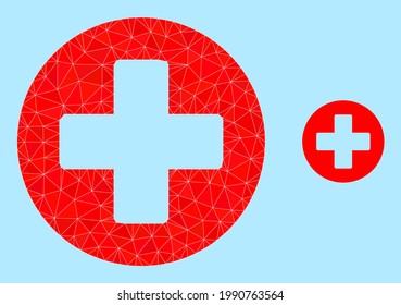 Low-Poly-Medizin-Symbol auf hellblauem Hintergrund. Die Vektorgrafik der Polygonalen Medizin ist voller verstreuter Dreiecke. Triangulierte Medizin polygonal Symbol Illustration.