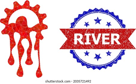 Lowpoly melting gear polygonal icon illustration, and grunge bicolor rosette seal stamp, in red and blue colors. Mosaic melting gear is formed from random colored triangles.