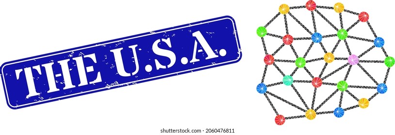 Low-poly mesh constructed with chaotic filled triangles, and grunge The U.S.A. seal stamp. Blue rounded framed rectangle stamp includes The U.S.A. text inside framed rectangle shape.