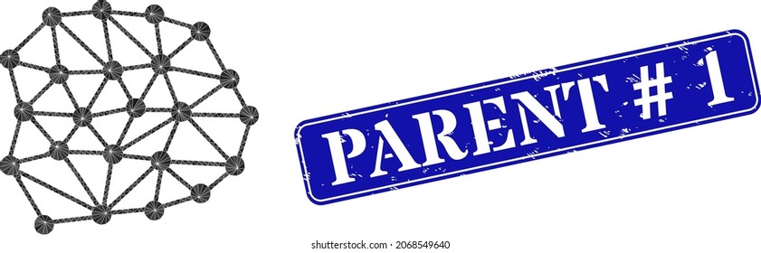 Low-poly mesh grid designed with scattered filled triangles, and grunge Parent tag 1 seal stamp. Blue rounded framed rectangle seal includes Parent tag 1 text inside framed rectangle form.