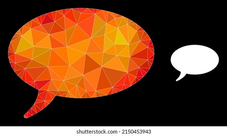 lowpoly message cloud icon with fire vibrant gradient. Triangulated fire vibrant message cloud polygonal 2d illustration. Polygonal message cloud vector is designed with scattered colored triangles.