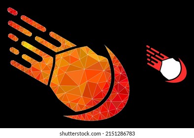 Low-poly meteor icon with fire vibrant gradient. Triangulated fire colored meteor polygonal icon illustration. Polygonal meteor vector is filled with randomized colorful triangles.