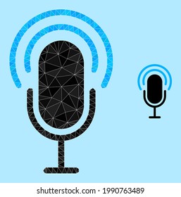 Low-poly microphone icon on a sky blue background. Polygonal microphone vector is filled with random triangles. Triangulated microphone polygonal icon illustration.