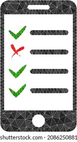 Low-poly mobile check list icon illustration is designed with randomized filled triangles. Triangulated mobile check list polygonal icon vector illustration.