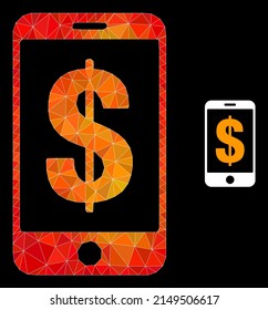 Low-Poly-Mobile-Dollar-Banksymbol mit orangefarbenem Farbverlauf. Triangulierte orangefarbene mobile Dollar Bank polygonal Symbol Illustration.
