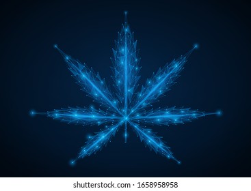 A low-poly model of marijuana. Lines and dots form a hemp leaf. Blue background.